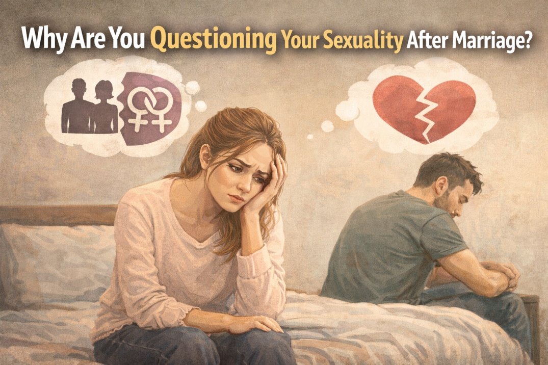 Married couple sitting apart on bed with woman feeling confused about sexuality and relationship after marriage
