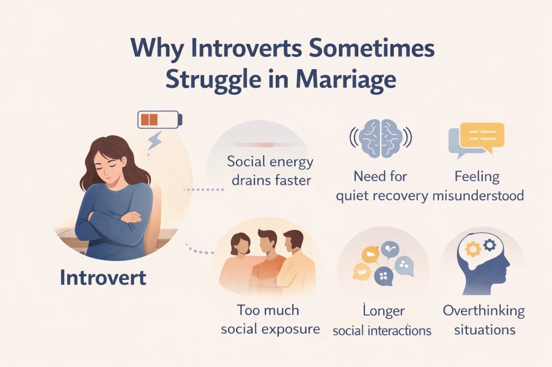 Infographic explaining why introverts struggle in marriage including social energy drain, need for quiet time, feeling misunderstood, and overthinking