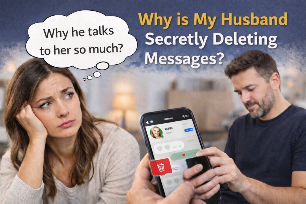 Worried wife noticing husband deleting messages on his phone while wondering why he talks to another woman so much