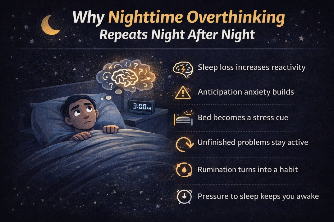 Infographic explaining why nighttime overthinking repeats night after night, showing insomnia, rumination, stress hormones, and sleep anxiety