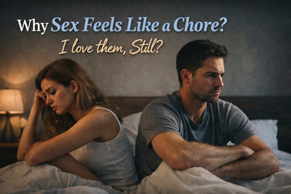 Couple sitting apart on bed looking distant, representing sex feeling like a chore in a relationship despite love