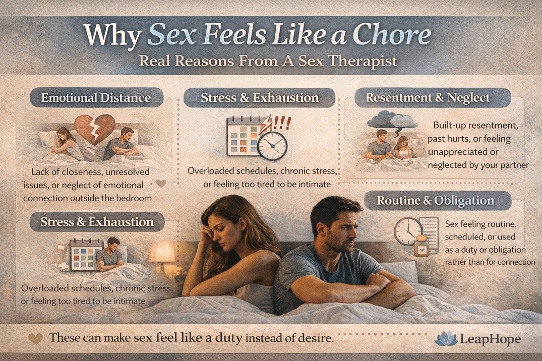 Infographic showing real reasons why sex feels like a chore in relationships according to a sex therapist