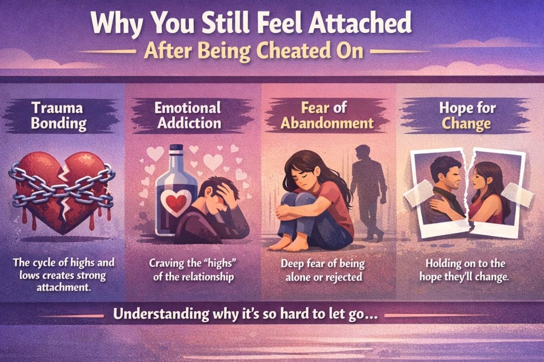 My Toxic Partner Cheated on Me, How Do I Manage the Anxiety and Heal? 4 Infographic explaining why people remain emotionally attached after being cheated on, including trauma bonding, fear of abandonment, and hope for change