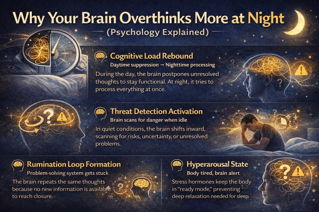 Infographic explaining why the brain overthinks more at night, including rumination, hyperarousal, threat detection, and stress effects on sleep