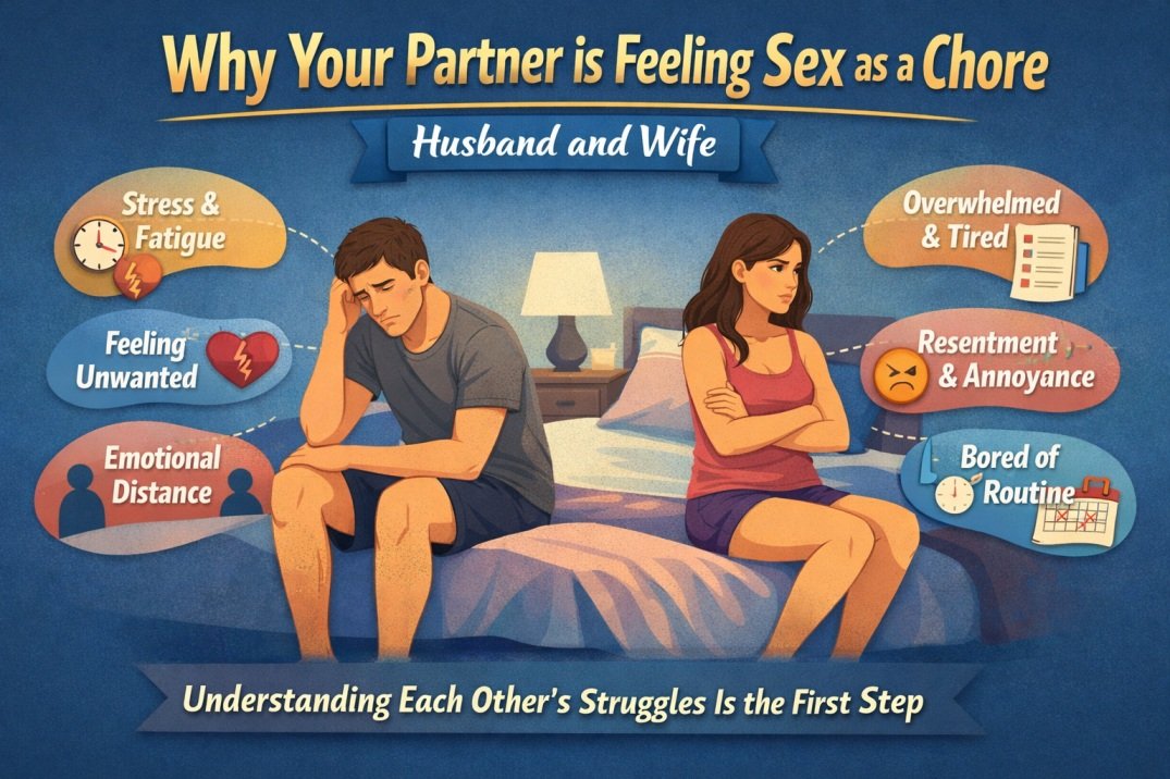 Infographic showing why a husband or wife may feel sex is a chore, highlighting stress, resentment, fatigue, and emotional distance