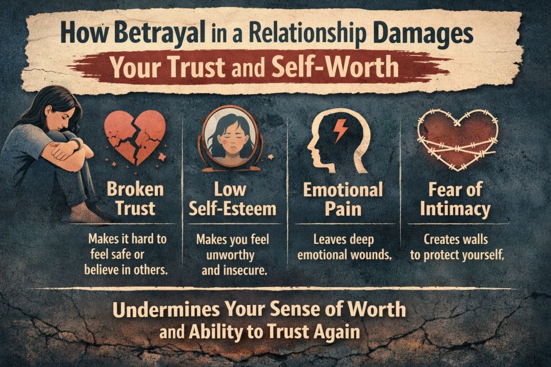My Toxic Partner Cheated on Me, How Do I Manage the Anxiety and Heal? 5 Infographic showing how betrayal in a relationship damages trust, self-worth, and ability to feel safe with others