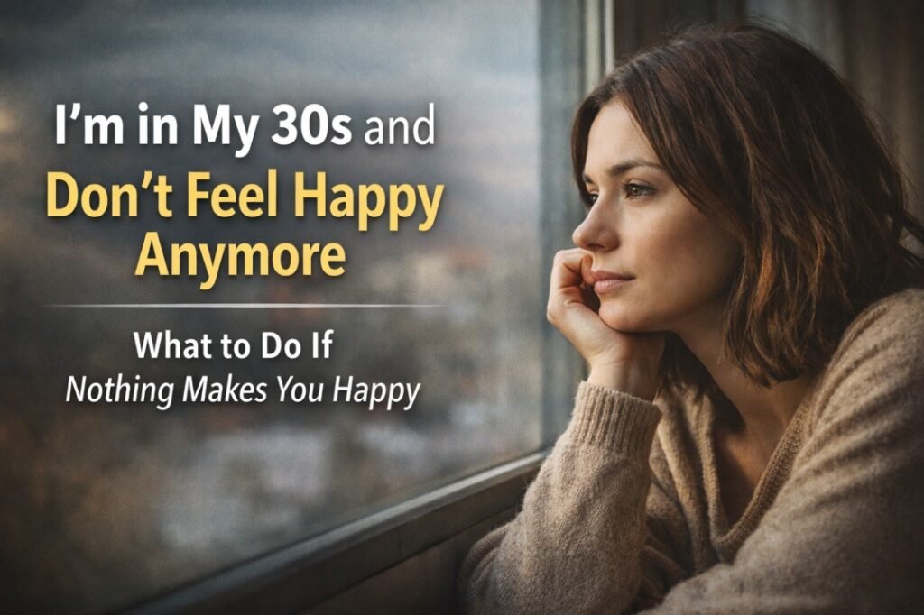 Woman in her 30s looking sad and emotionally numb, representing not feeling happy anymore