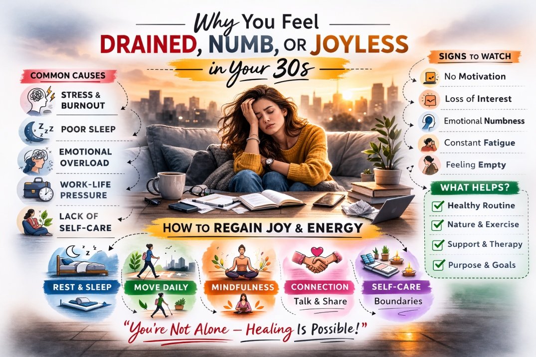 Infographic explaining why people in their 30s feel drained, numb, or joyless due to stress, burnout, and life pressures