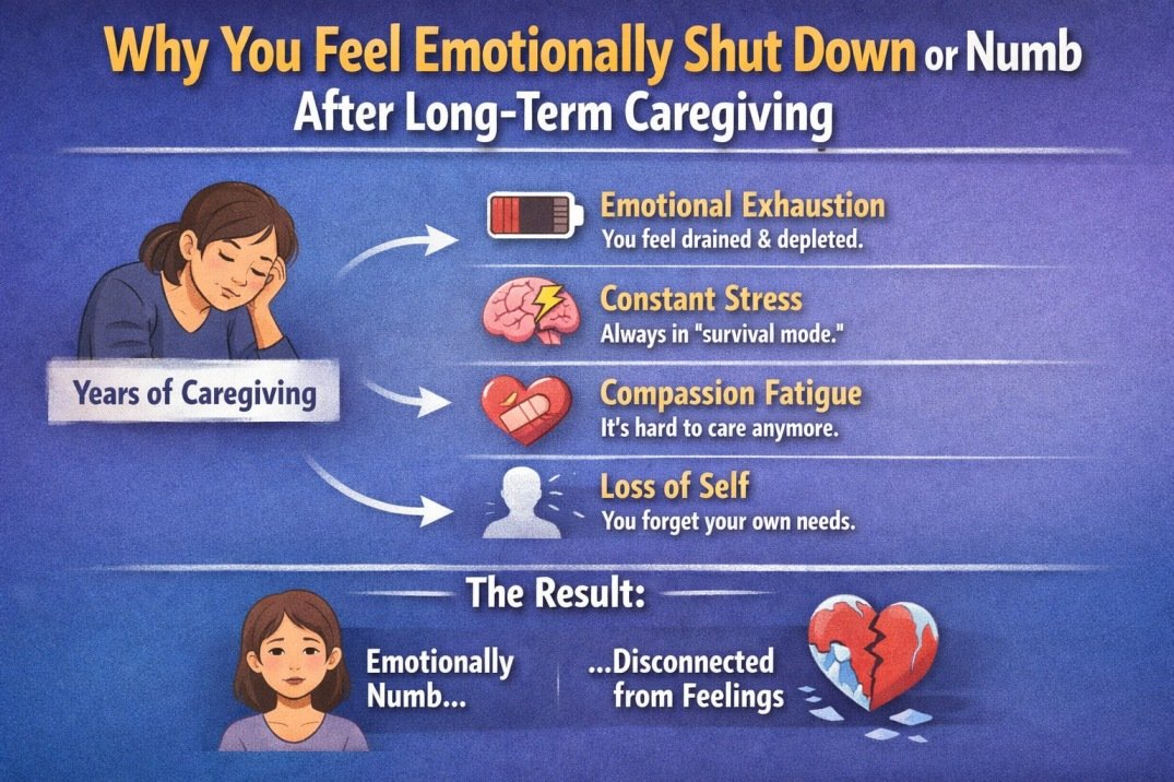 Infographic explaining emotional numbness after long-term caregiving for a sick spouse