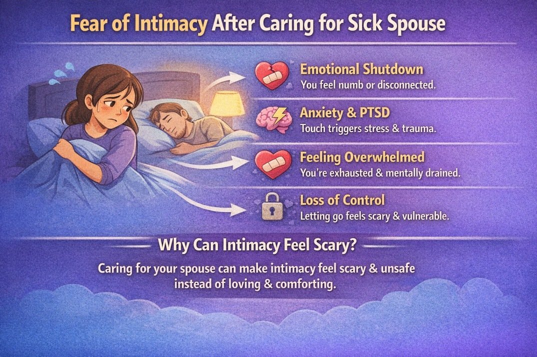 Infographic explaining why emotional and physical intimacy can feel frightening after long-term caregiving for a sick spouse