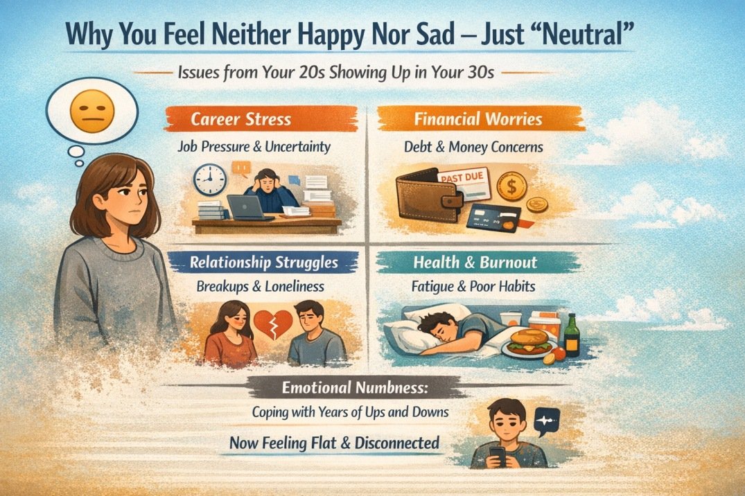 Infographic showing why people in their 30s feel neither happy nor sad due to stress, burnout, and unresolved issues from their 20s