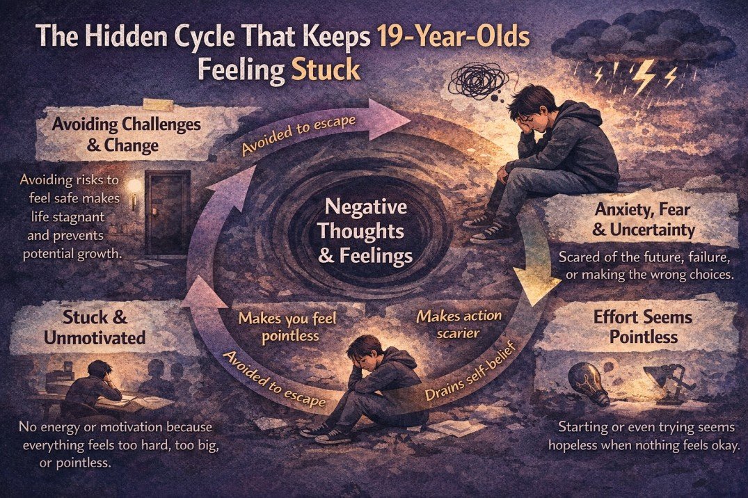 Infographic showing the hidden cycle that keeps a 19-year-old stuck, including anxiety, negative thoughts, avoidance, and lack of motivation