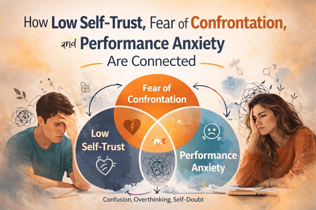 Infographic showing how low self-trust, fear of confrontation, and performance anxiety are connected and lead to overthinking and self-doubt