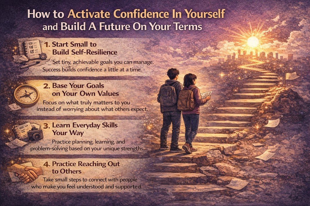 Infographic showing a boy and girl activating self-confidence and building a future on their own terms with simple practical steps