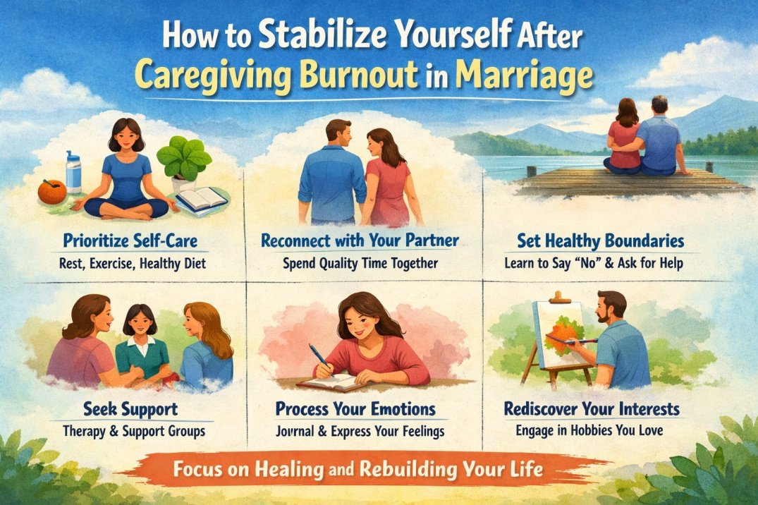 Infographic showing how to stabilize yourself after caregiver burnout in marriage with practical recovery steps