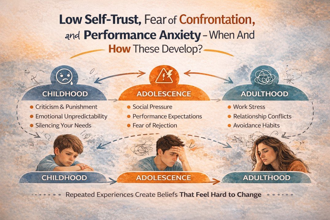 Infographic showing how low self-trust, fear of confrontation, and performance anxiety develop from childhood to adulthood