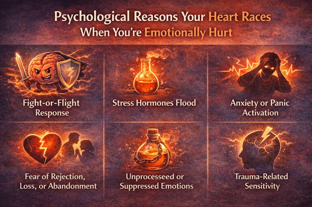 Infographic showing psychological reasons why heart races when emotionally hurt including fight or flight response, stress hormones, anxiety, fear of rejection, suppressed emotions, and trauma sensitivity