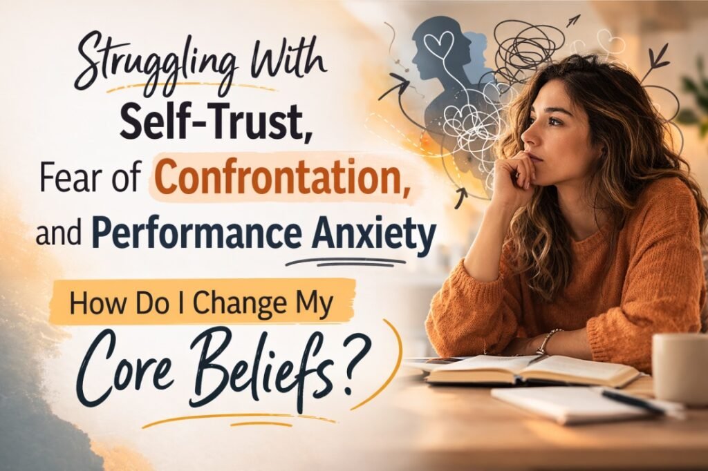 Woman looking worried and thoughtful, representing self-trust issues, fear of confrontation, and performance anxiety in adulthood