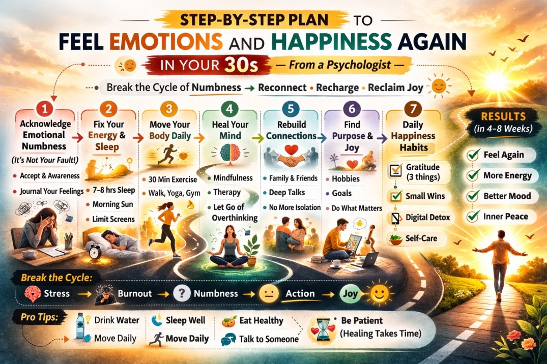 Infographic showing a step-by-step plan to feel emotions and happiness again in your 30s from a psychologist