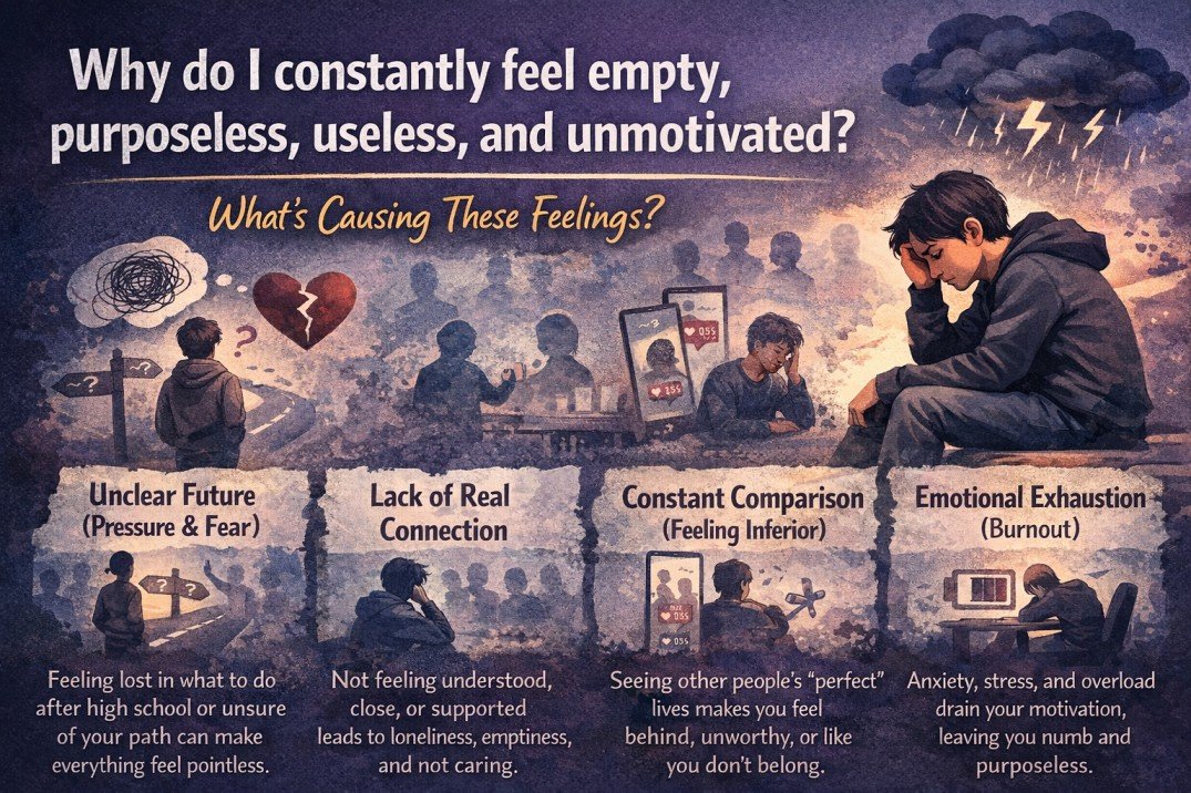 Infographic explaining why a young person feels empty, purposeless, useless, and unmotivated, showing causes like comparison, burnout, loneliness, and uncertainty