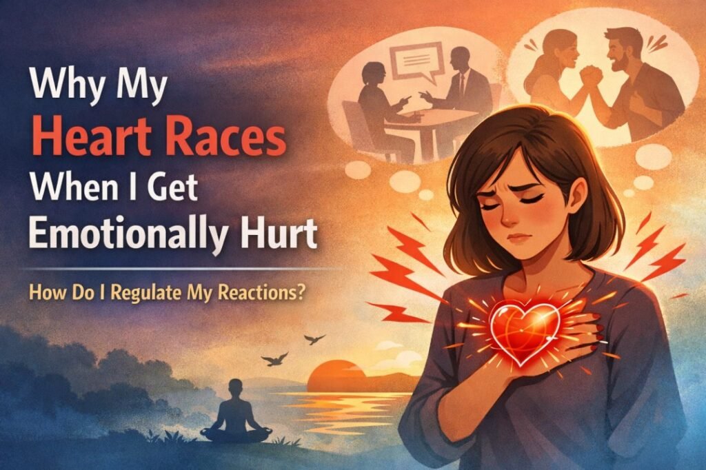 Woman holding chest with glowing heart, illustrating heart racing during emotional stress, anxiety, or heartbreak