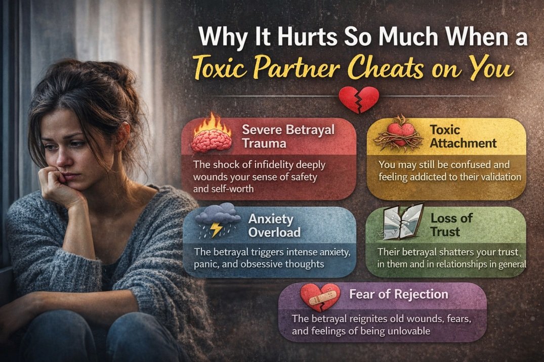 My Toxic Partner Cheated on Me, How Do I Manage the Anxiety and Heal? 3 Infographic explaining why cheating by a toxic partner causes deep emotional pain, anxiety, trauma, and loss of trust