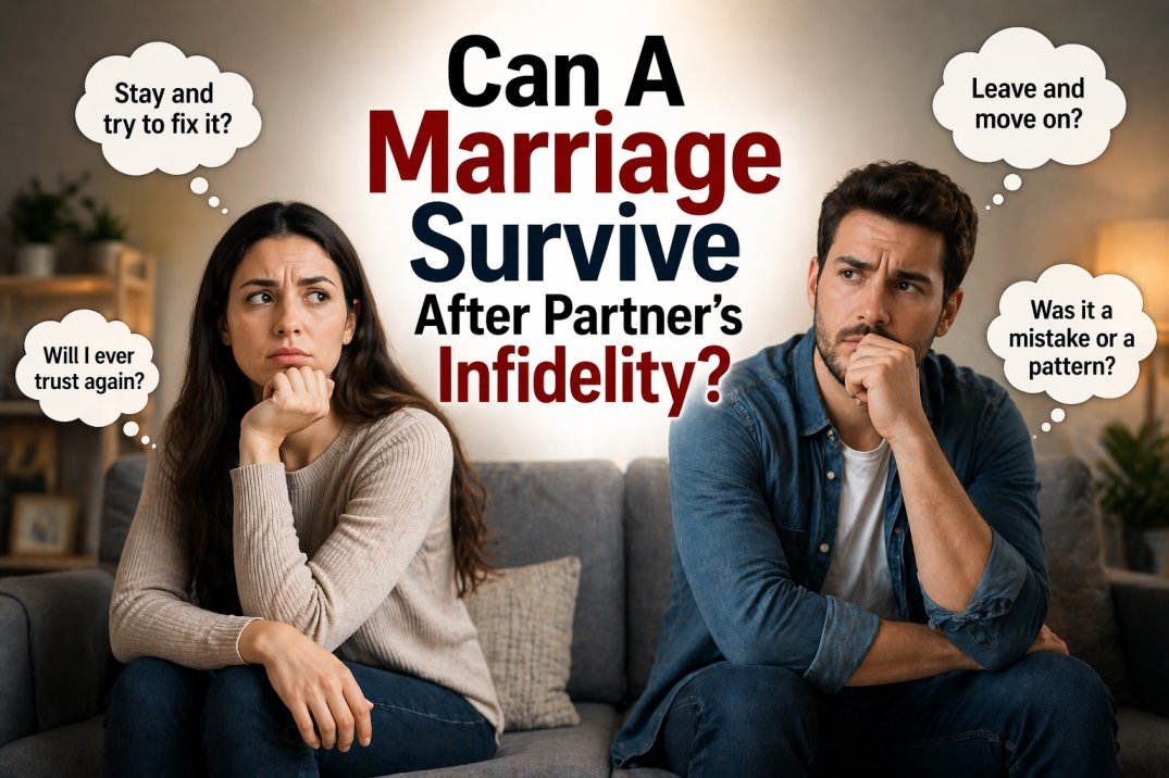 Confused couple with thought bubbles questioning whether marriage can survive after infidelity