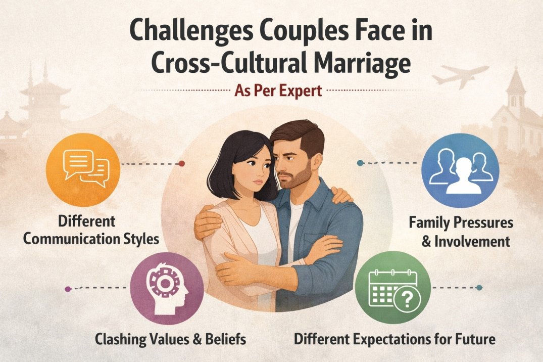 Infographic showing challenges couples face in cross-cultural marriage including communication differences, family pressure, and value conflicts