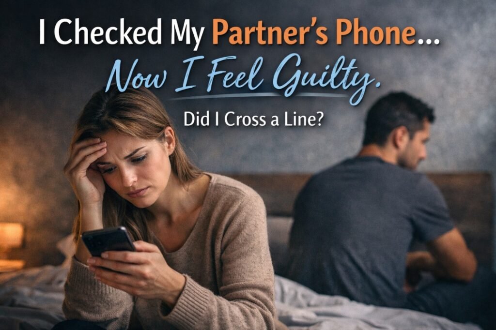 person checking partner phone feeling guilty and anxious about trust in relationship