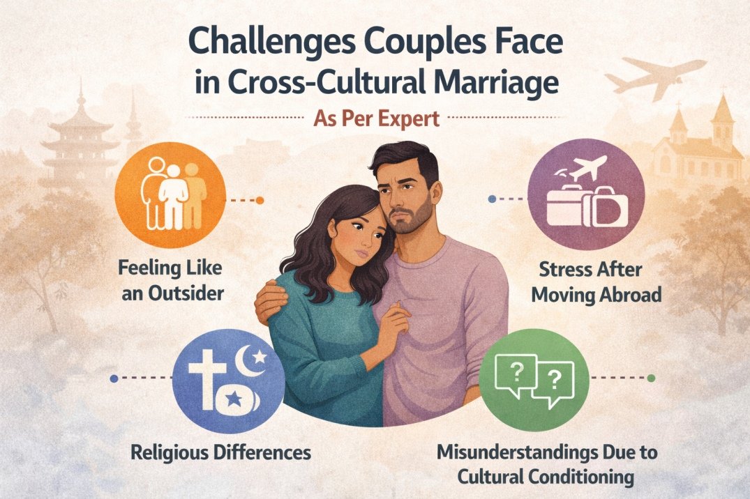 Infographic showing cross-cultural marriage challenges like feeling like an outsider, stress after moving abroad, religious differences, and cultural misunderstandings