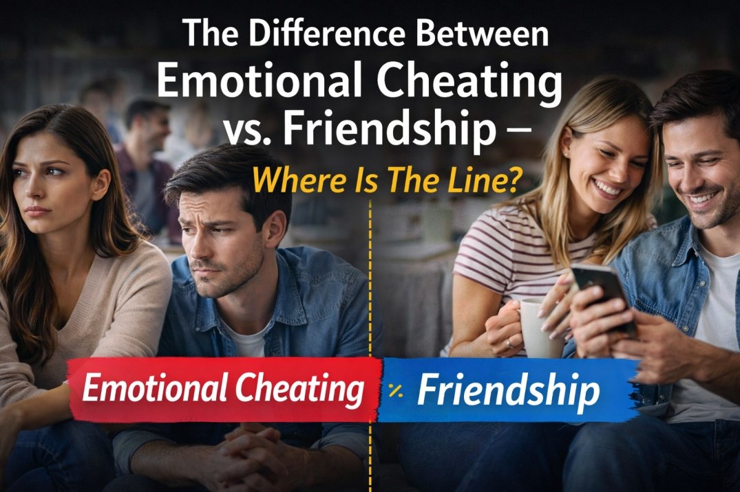 Couple emotionally distant on one side and happy friendly interaction on the other, showing difference between emotional cheating and normal friendship