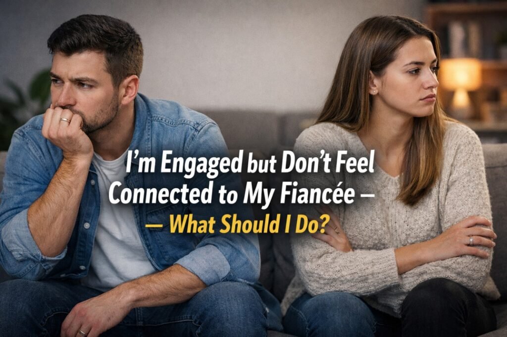 Engaged couple sitting apart feeling emotionally disconnected and confused about their relationship before marriage
