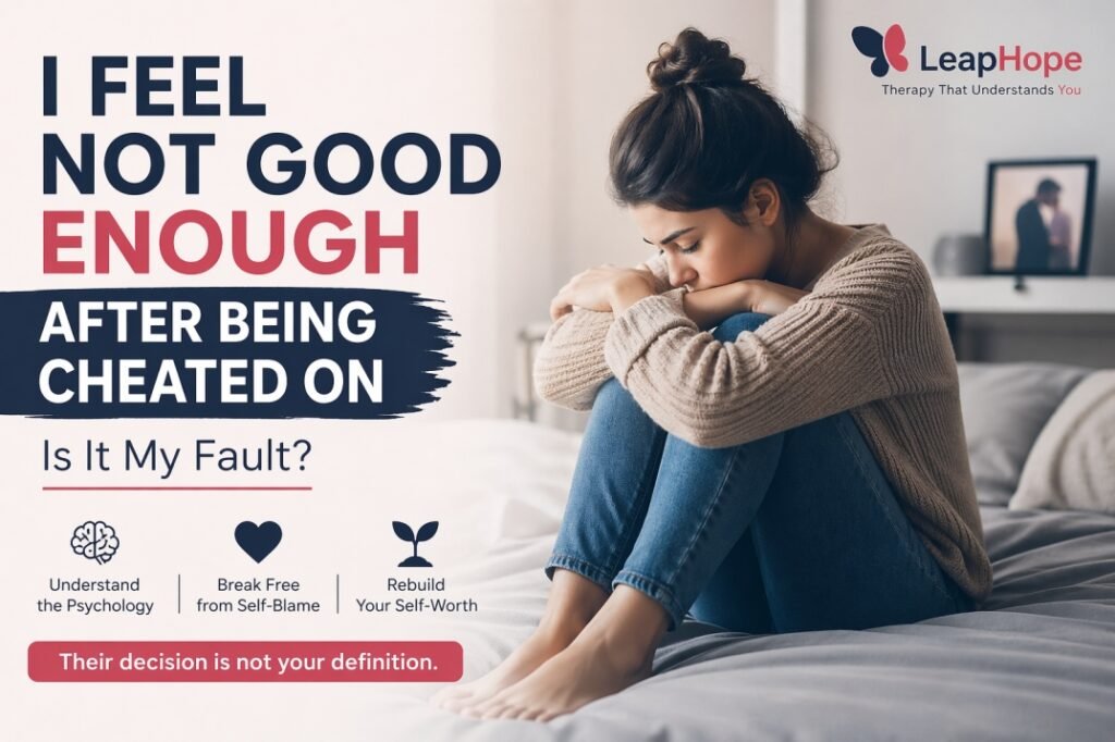 Feeling not good enough after being cheated on, sad woman sitting showing emotional pain and betrayal