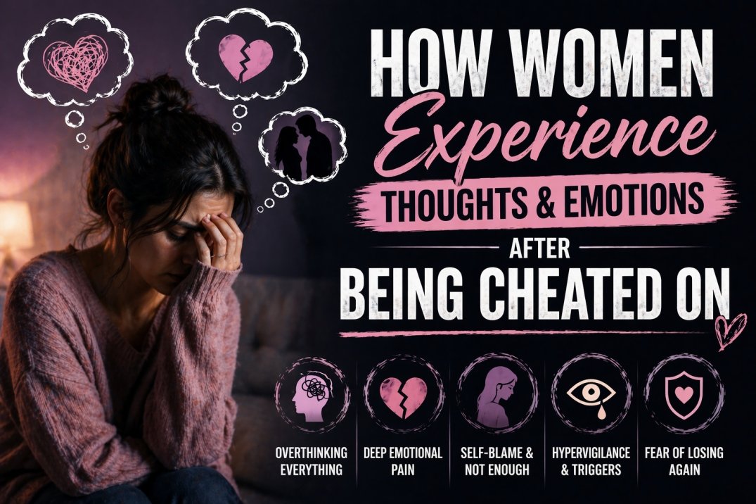 Woman overthinking and feeling emotional pain after being cheated on, showing rumination, self-blame, and intrusive thoughts