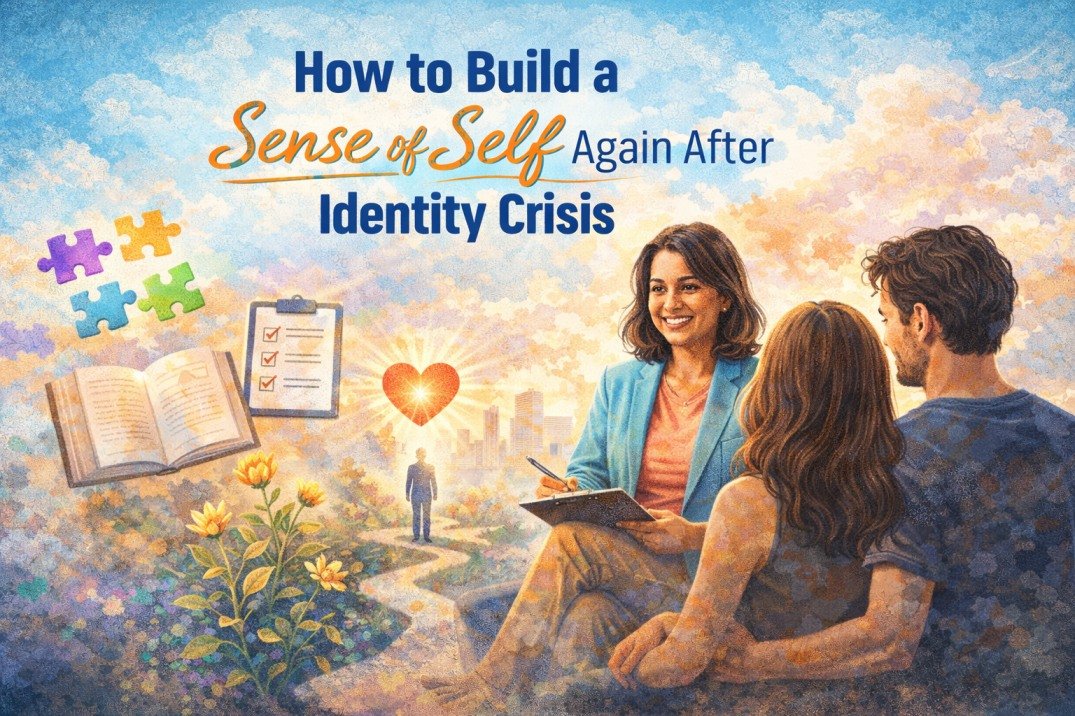I Don’t Know Who I Am Anymore – Feeling Lost After Years of Masking and Broken Relationships 5 Therapist helping a young couple rebuild identity and self clarity after identity crisis in a positive and supportive environment