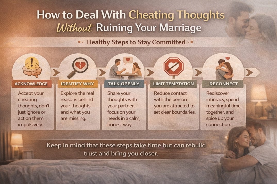 Infographic showing how to deal with cheating thoughts in marriage including steps like pause, understand reasons, set boundaries, and rebuild connection