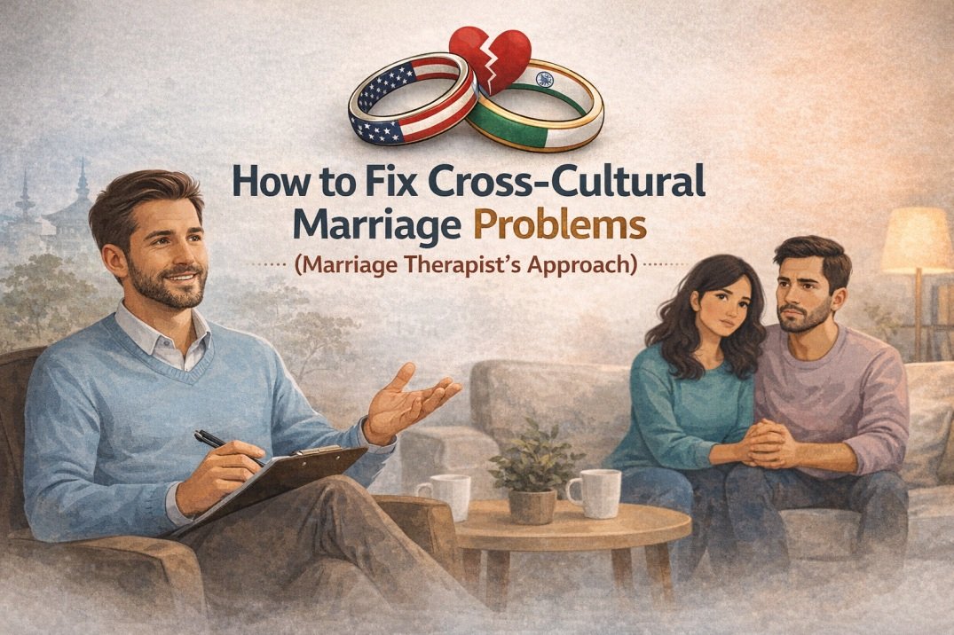 Couple in cross-cultural marriage counselling session learning how to fix communication and relationship problems