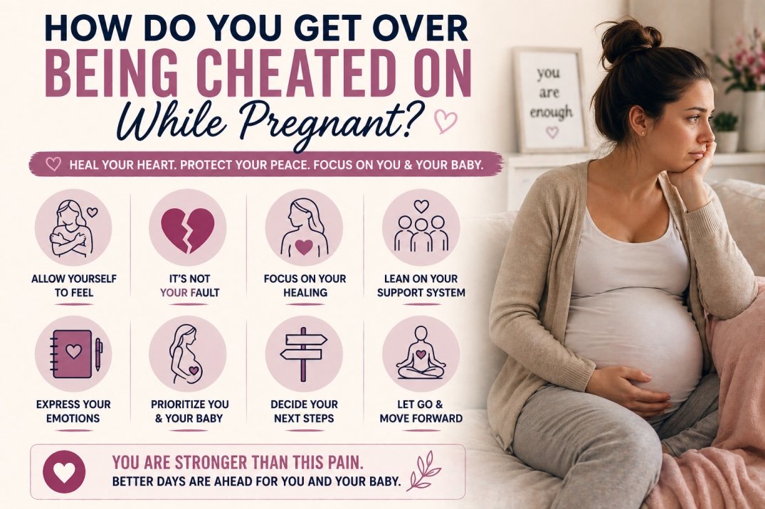 Infographic on how to cope with being cheated on while pregnant with emotional healing steps