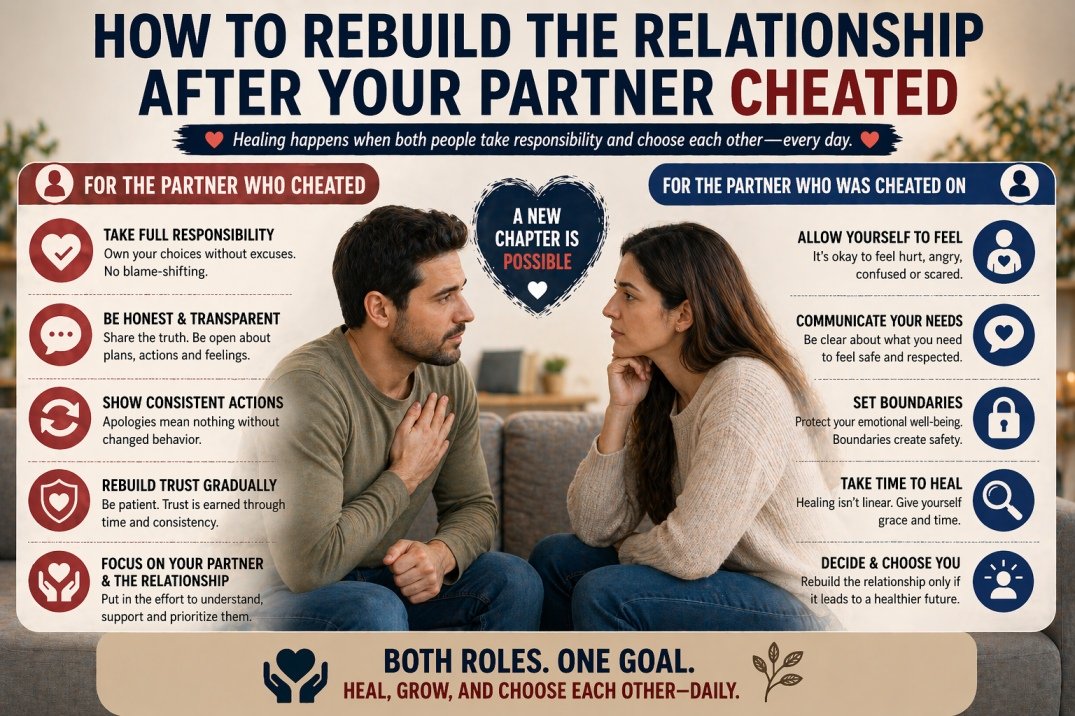 Couple facing each other with sections showing roles of partner who cheated and partner who was cheated on in rebuilding relationship