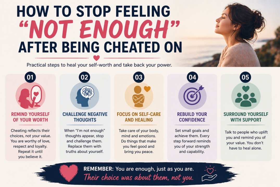 How to stop feeling not good enough after being cheated on infographic showing practical steps to rebuild self-worth and confidence