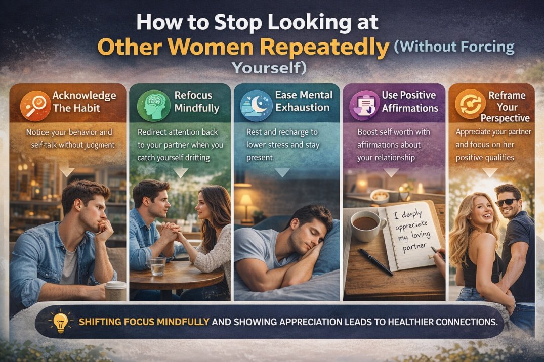 infographic showing how to stop looking at other women repeatedly in a relationship using practical steps and attention control