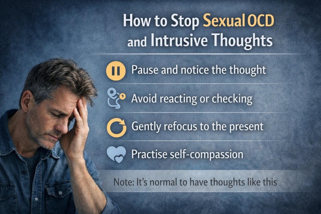 I’m in My 40s Having Disturbing Sexual Thoughts - Is This OCD and How Do I Stop Obsession? 4 Infographic showing how to stop sexual OCD and intrusive thoughts with steps like avoiding checking, refocusing attention, and managing reactions
