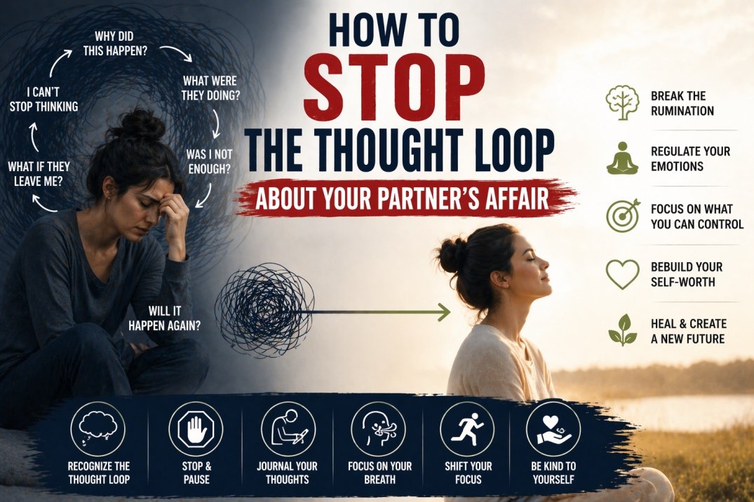 Woman stuck in thought loop about partner’s affair trying to stop intrusive thoughts and overthinking
