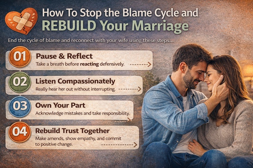 Infographic showing how to stop blame cycle and rebuild marriage relationship