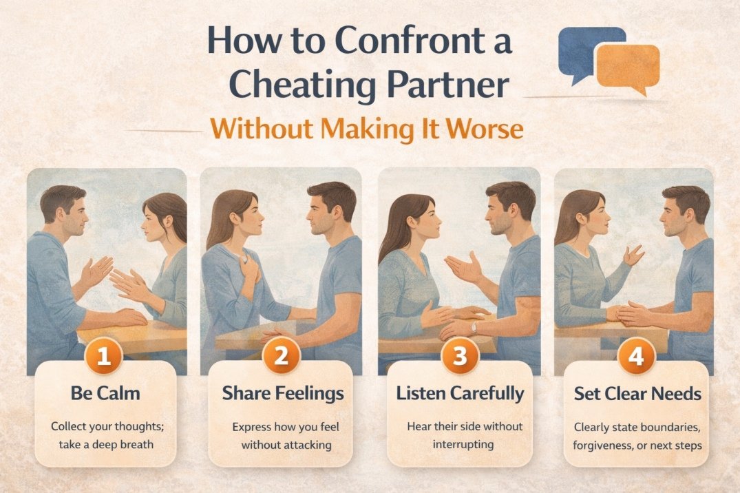 Infographic showing how to confront a cheating partner calmly without making the situation worse
