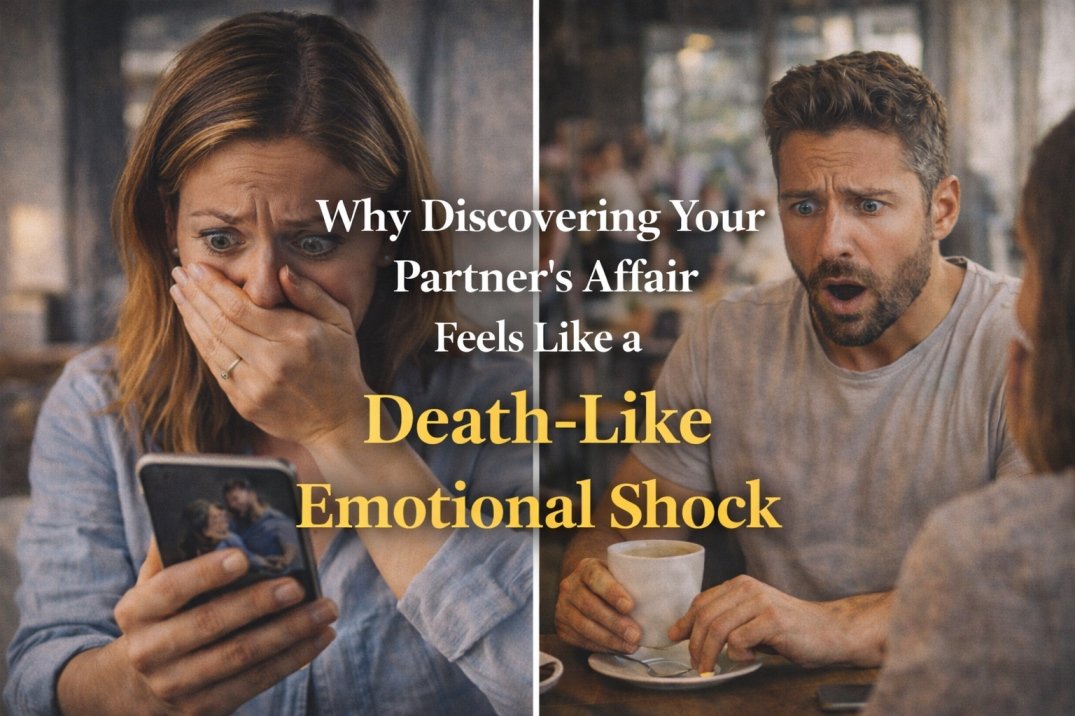 Husband and wife in shock after discovering an affair, one through phone messages and one in a café setting