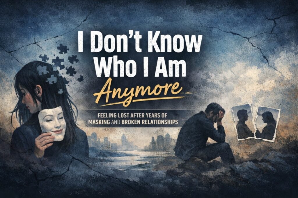 I Don’t Know Who I Am Anymore – Feeling Lost After Years of Masking and Broken Relationships 2 Person feeling lost holding a mask with broken relationship visuals representing identity loss and emotional confusion