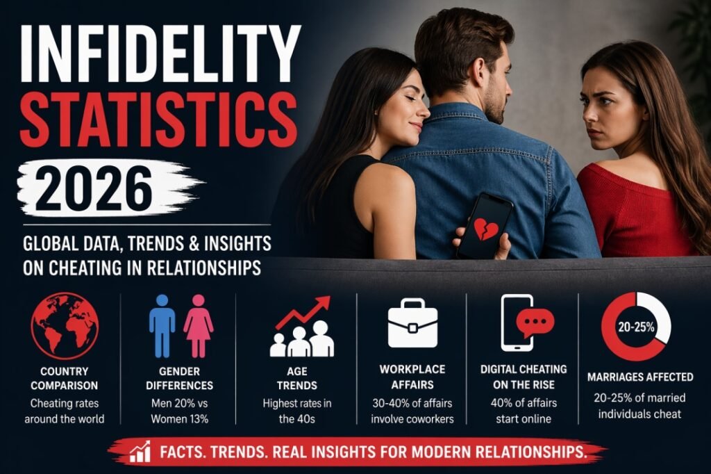 Infidelity statistics 2026 showing cheating rates by gender, age trends, workplace affairs, and digital infidelity insights