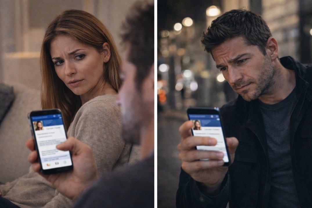 man and woman separately checking partner phone secretly feeling anxious about trust and social media messages