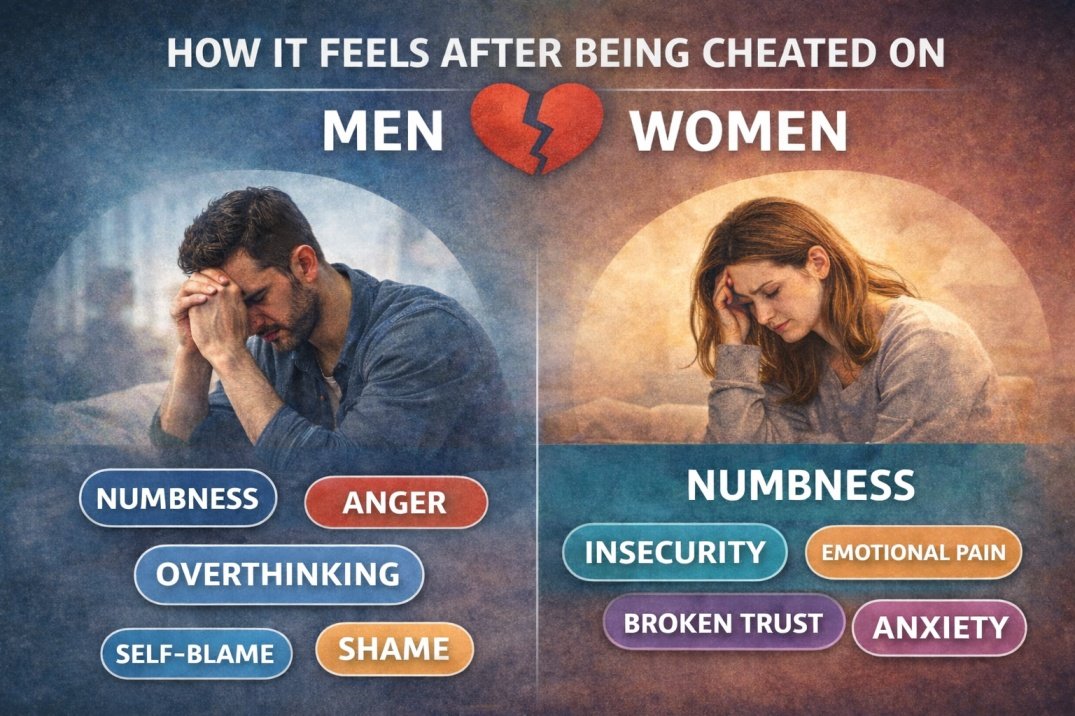 men and women emotional reactions after being cheated on showing numbness anger insecurity anxiety and broken trust